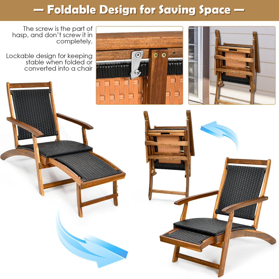 Patio Folding Rattan Lounge Chair Wooden Frame W/ Retractable Footrest Image 5