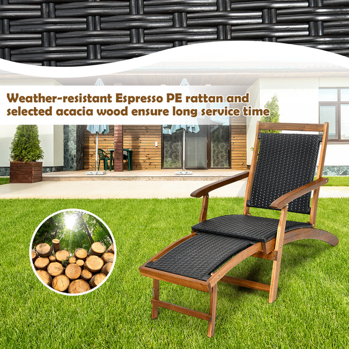 Patio Folding Rattan Lounge Chair Wooden Frame W/ Retractable Footrest Image 6