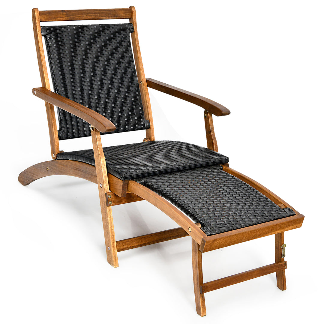 Patio Folding Rattan Lounge Chair Wooden Frame W/ Retractable Footrest Image 8