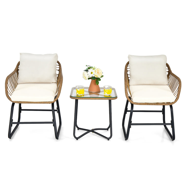 3PCS Patio Rattan Bistro Set All-Weather Cushioned Chair Table White Image 5