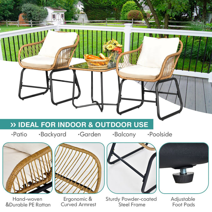 3PCS Patio Rattan Bistro Set All-Weather Cushioned Chair Table White Image 7