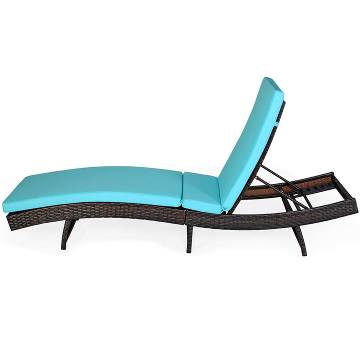 Costway 2PCS Patio Rattan Folding Lounge Chair Chaise Adjustable White\Turquoise Cushion Image 9