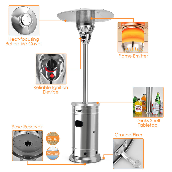 48,000 BTU Patio Propane Heater Stainless Steel W/Table and Wheels Image 7