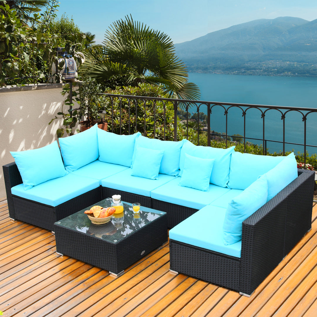 7PCS Rattan Patio Conversation Set Sectional Furniture Set w/ Blue Cushion Image 1