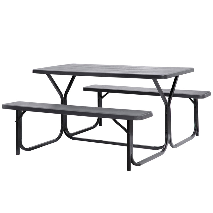 Gray Woodgrain Picnic Table Set Metal Frame 5ft Outdoor Seating for 6 Image 1