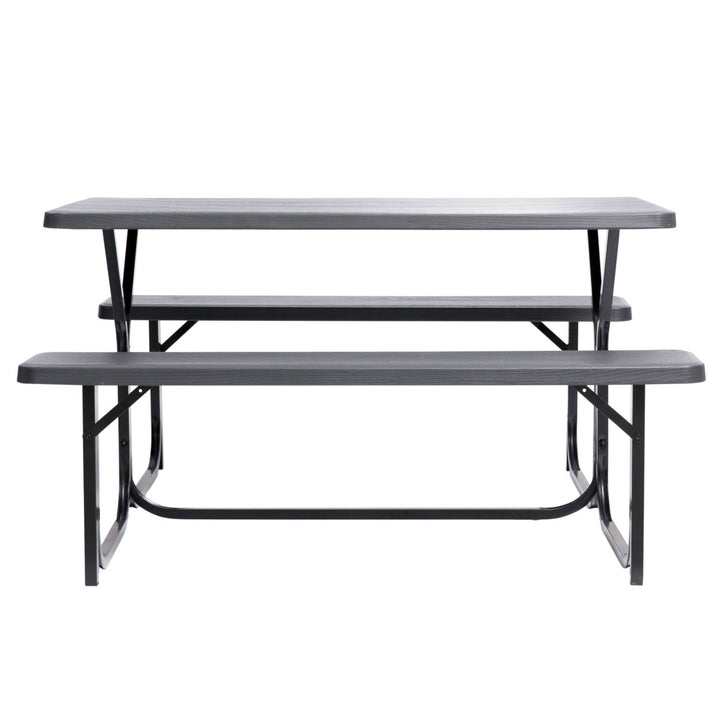 Gray Woodgrain Picnic Table Set Metal Frame 5ft Outdoor Seating for 6 Image 3