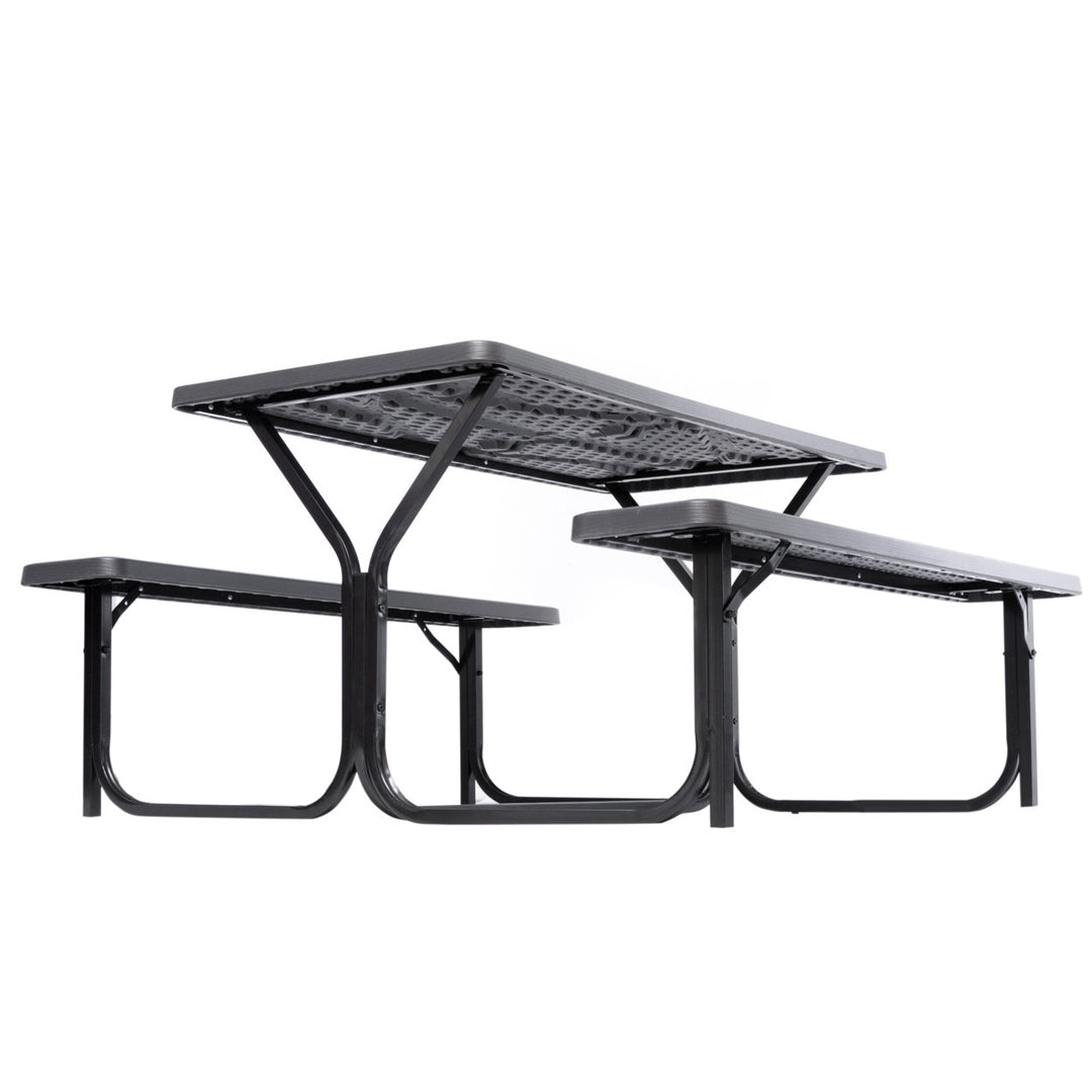 Gray Woodgrain Picnic Table Set Metal Frame 5ft Outdoor Seating for 6 Image 6