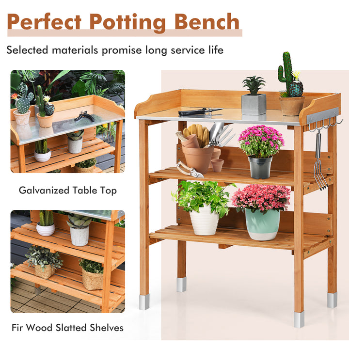 Garden Wooden Potting Bench Work Station Table Tool Storage Shelf W/Hook Image 5