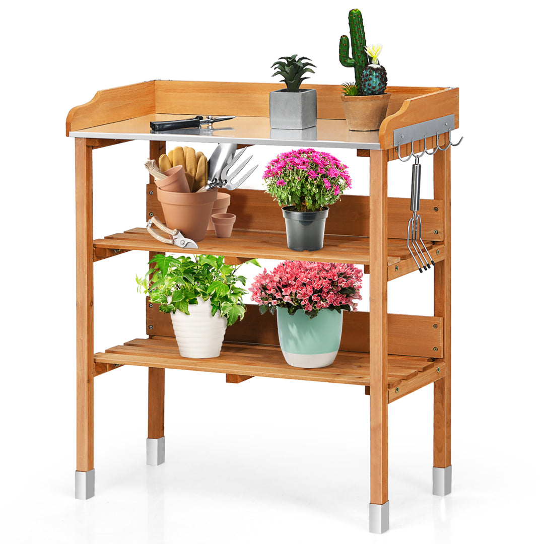 Garden Wooden Potting Bench Work Station Table Tool Storage Shelf W/Hook Image 9