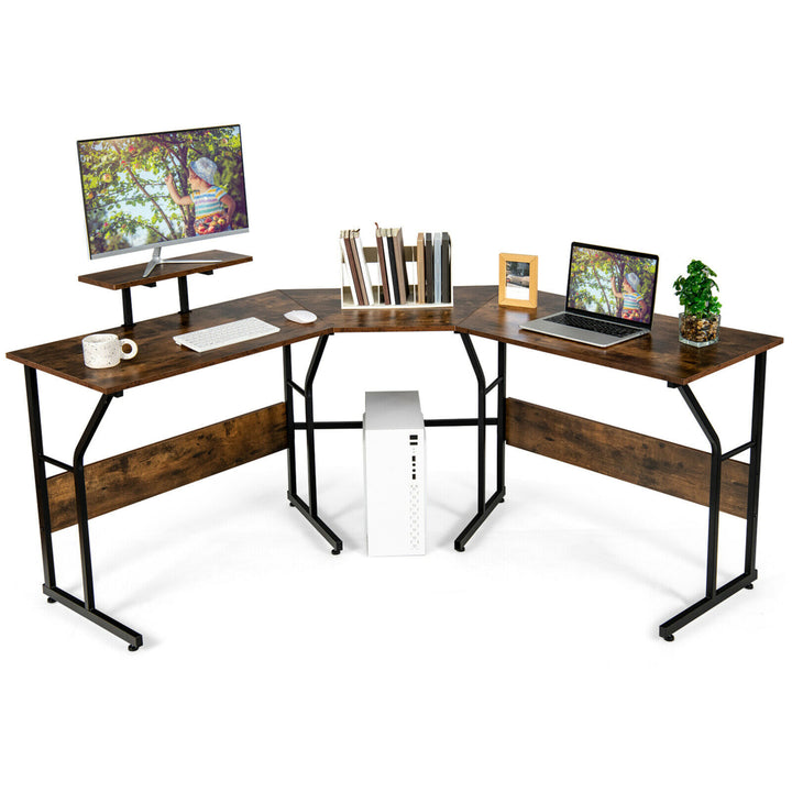 88.5 L Shaped Reversible Computer Desk 2 Person Long Table Monitor Stand Image 1