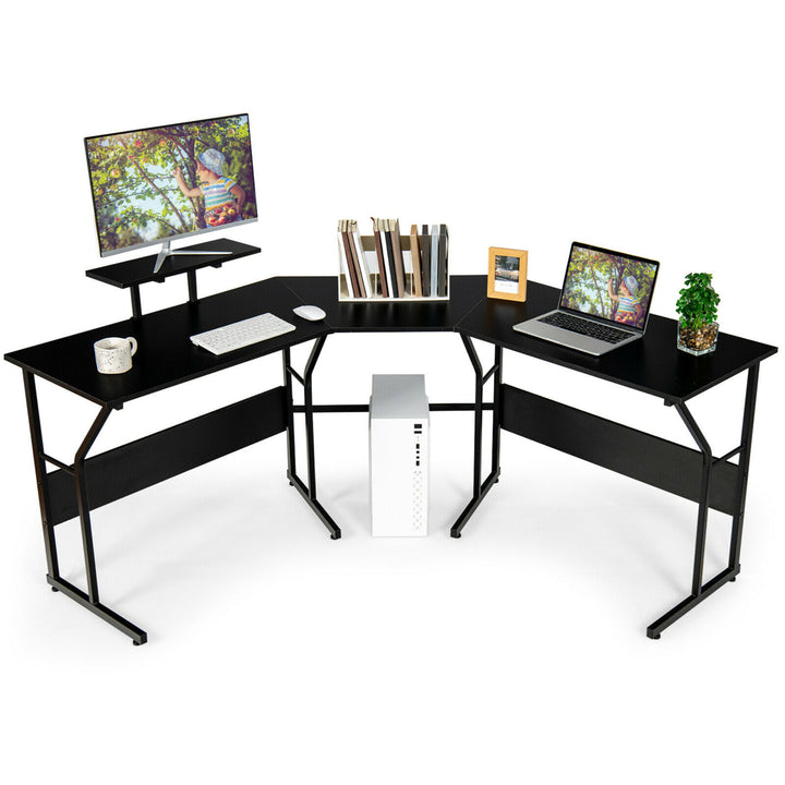 88.5 L Shaped Reversible Computer Desk 2 Person Long Table Monitor Stand Image 4