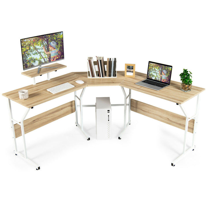 88.5 L Shaped Reversible Computer Desk 2 Person Long Table Monitor Stand Image 5