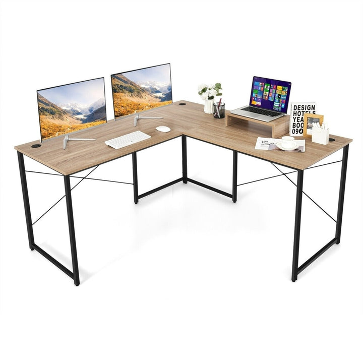 L-Shaped Reversible Computer Desk 2-Person Long Table w/Monitor Stand Image 1