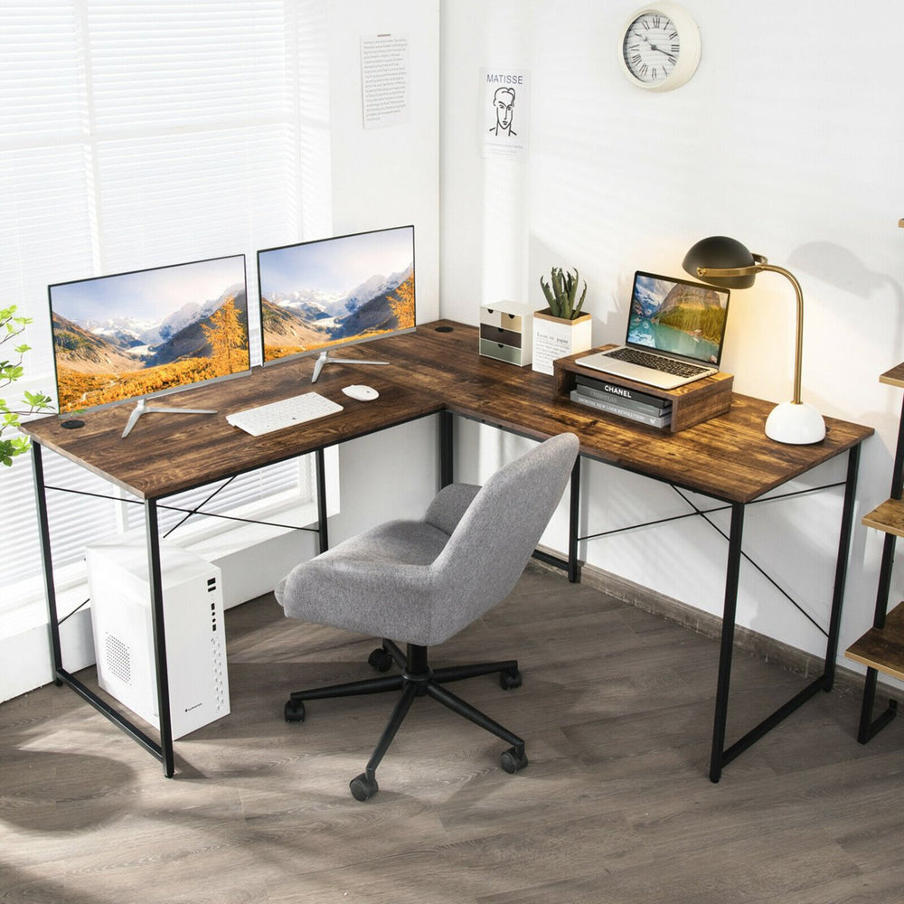 L-Shaped Reversible Computer Desk 2-Person Long Table w/Monitor Stand Image 2