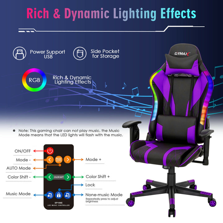 Gaming Chair Adjustable Swivel Computer Chair w/ Dynamic LED Lights Image 3