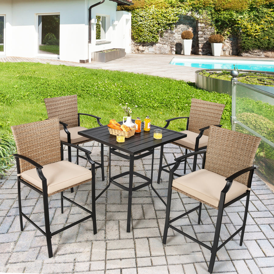 5PCS Patio Bar Stool and Table Set Outdoor Bistro Furniture Set w/ Cushions Image 1