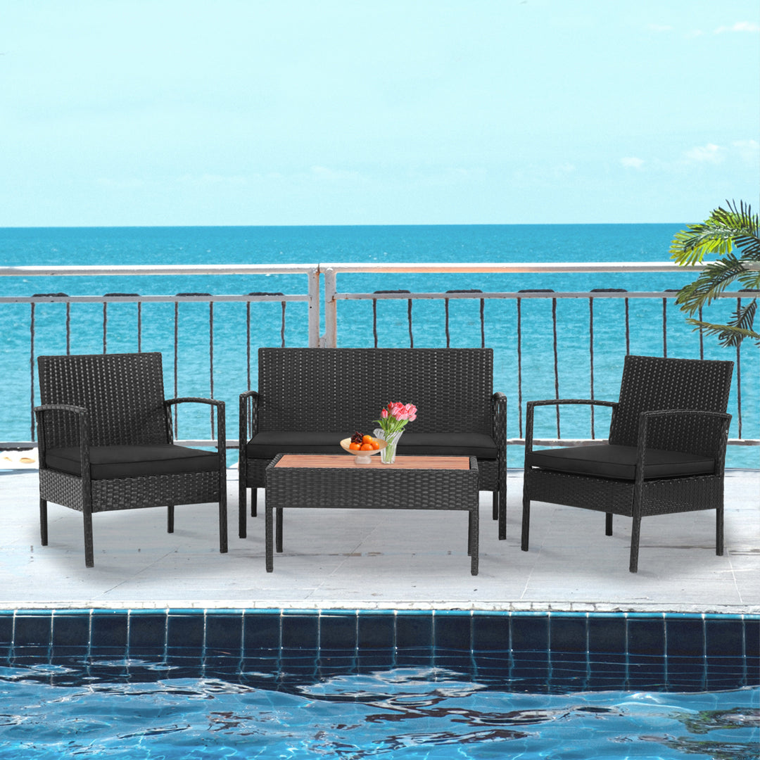 4PCS Rattan Patio Conversation Furniture Set Outdoor Sofa Set w/ Black Cushions Image 1