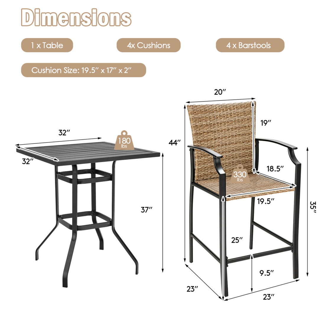 5PCS Patio Bar Stool and Table Set Outdoor Bistro Furniture Set w/ Cushions Image 2