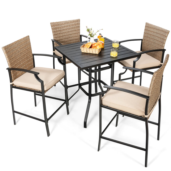 5PCS Patio Bar Stool and Table Set Outdoor Bistro Furniture Set w/ Cushions Image 9