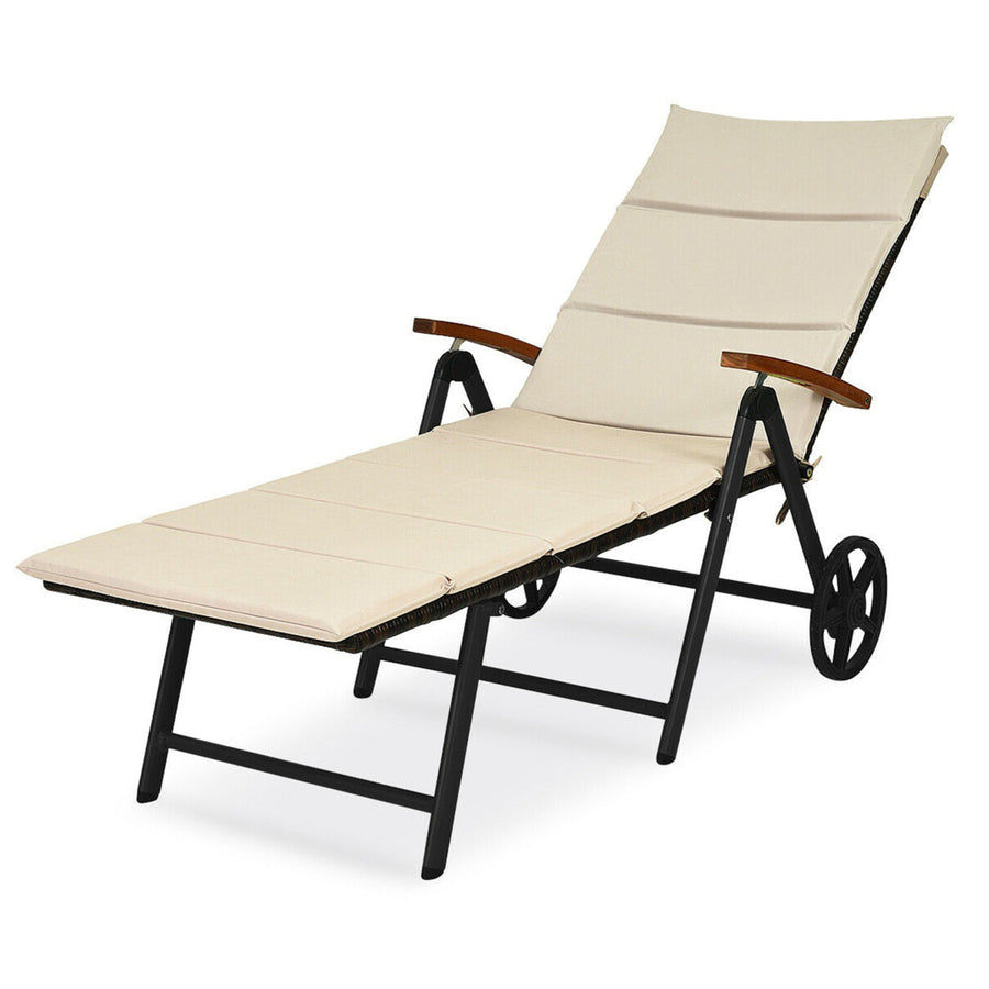 Folding Patio Rattan Lounge Chair Chaise Aluminum W/ Cushion and Wheel Image 1