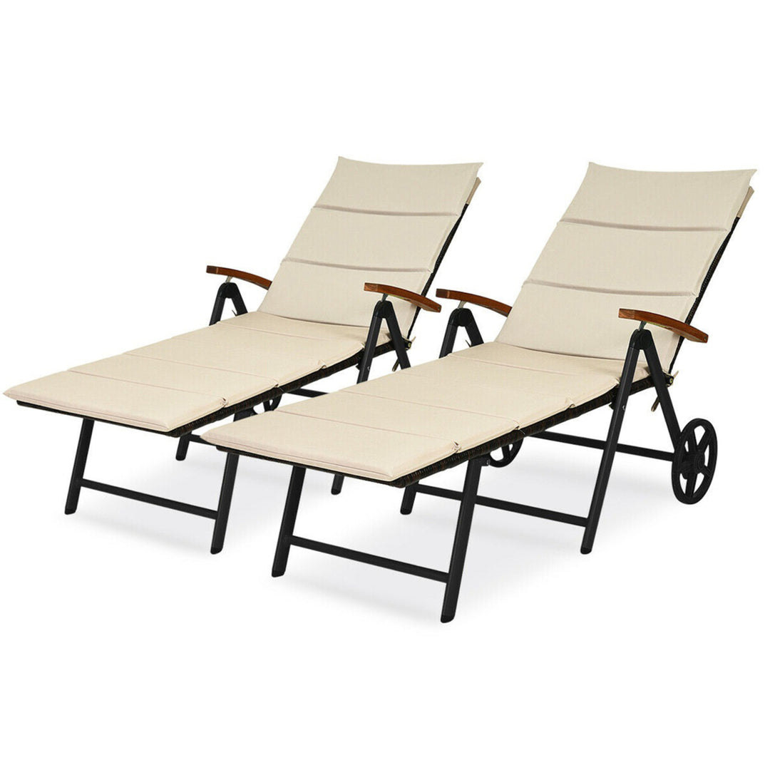 2PCS Folding Patio Rattan Lounge Chair Chaise Aluminum W/ Cushion and Wheel Image 1