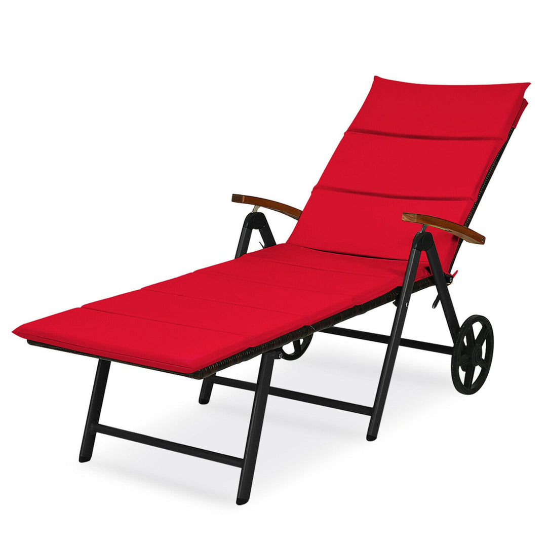 Folding Patio Rattan Lounge Chair Chaise Aluminum W/ Wheel and Red Cushion Image 1