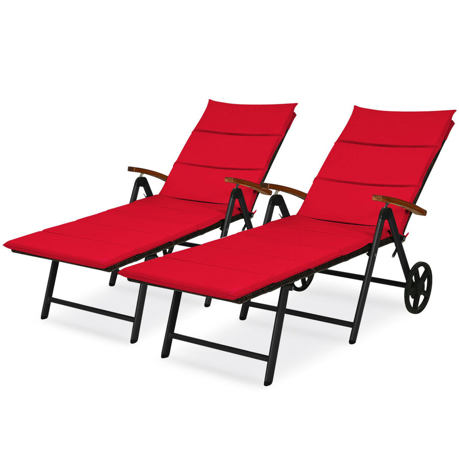 2PCS Folding Patio Rattan Lounge Chair Chaise Aluminum W/ Wheel and Red Cushion Image 1