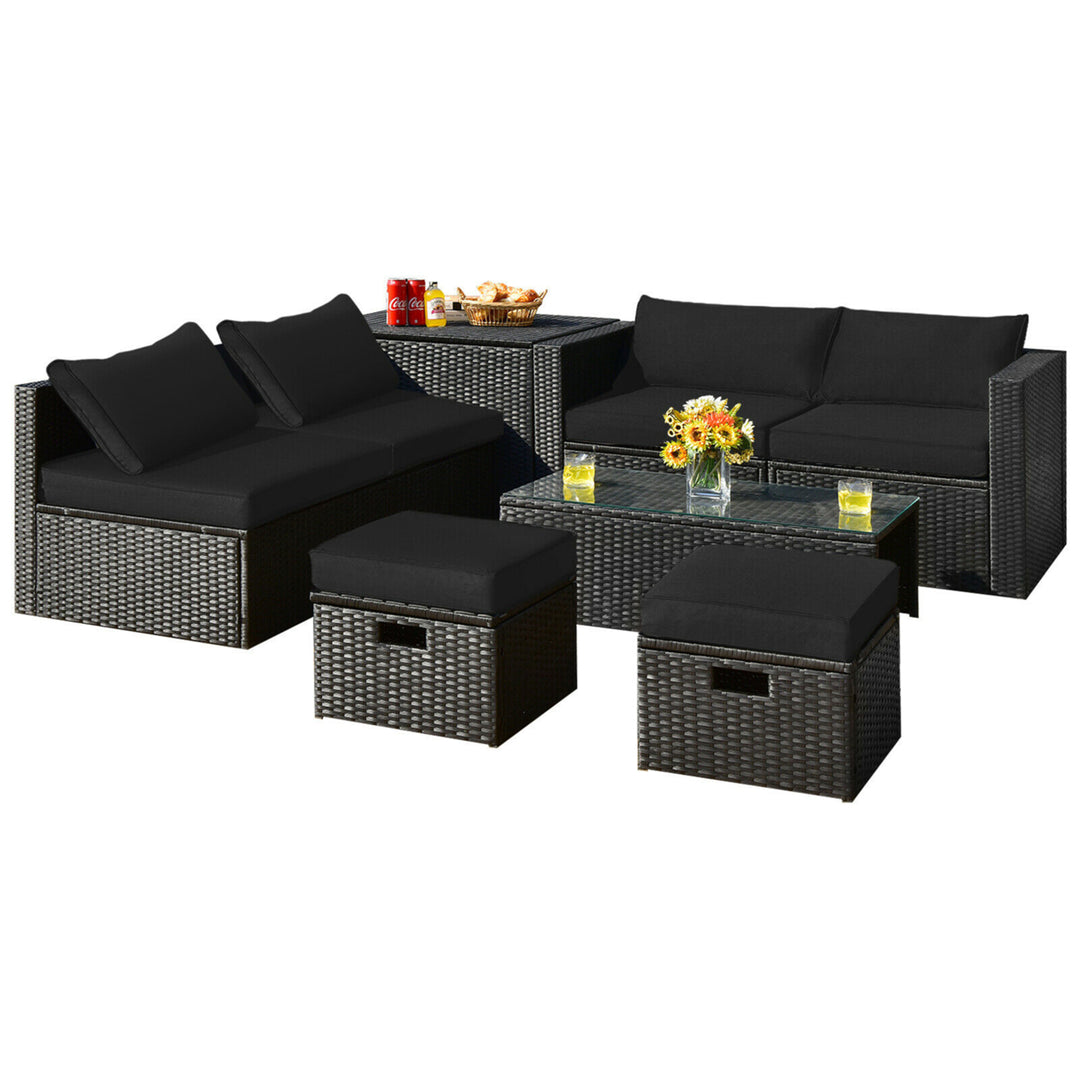 8PCS Rattan Patio Sectional Furniture Set w/ Waterproof Cover and Black Cushions Image 2