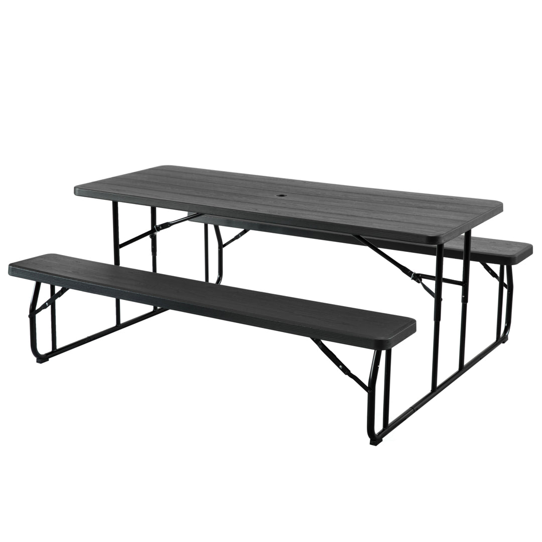 Outdoor Foldable Picnic Table Set Metal Frame 6 Ft Woodgrain Black 6 Person Image 1