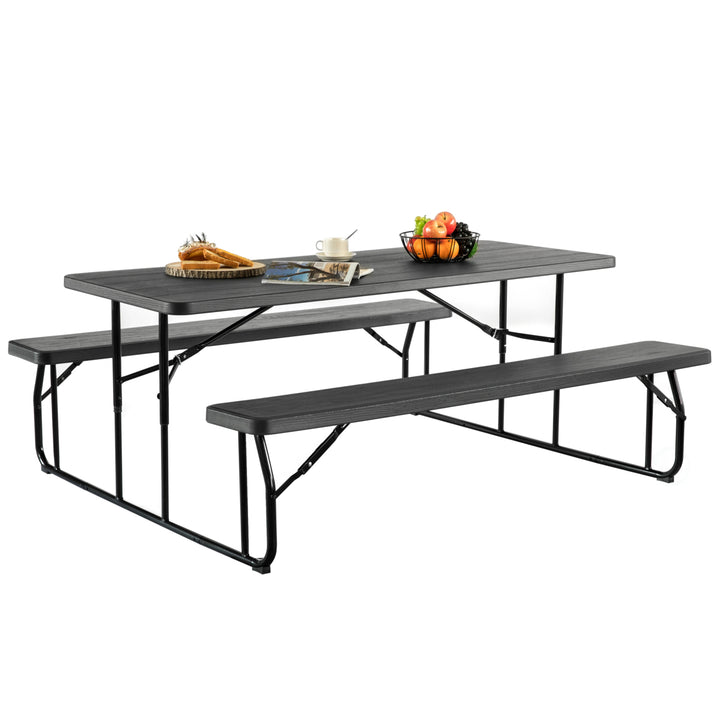 Outdoor Foldable Picnic Table Set Metal Frame 6 Ft Woodgrain Black 6 Person Image 2