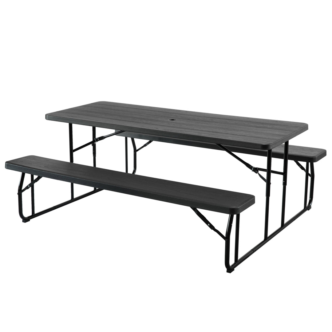 Outdoor Foldable Picnic Table Set Metal Frame 6 Ft Woodgrain Black 6 Person Image 7