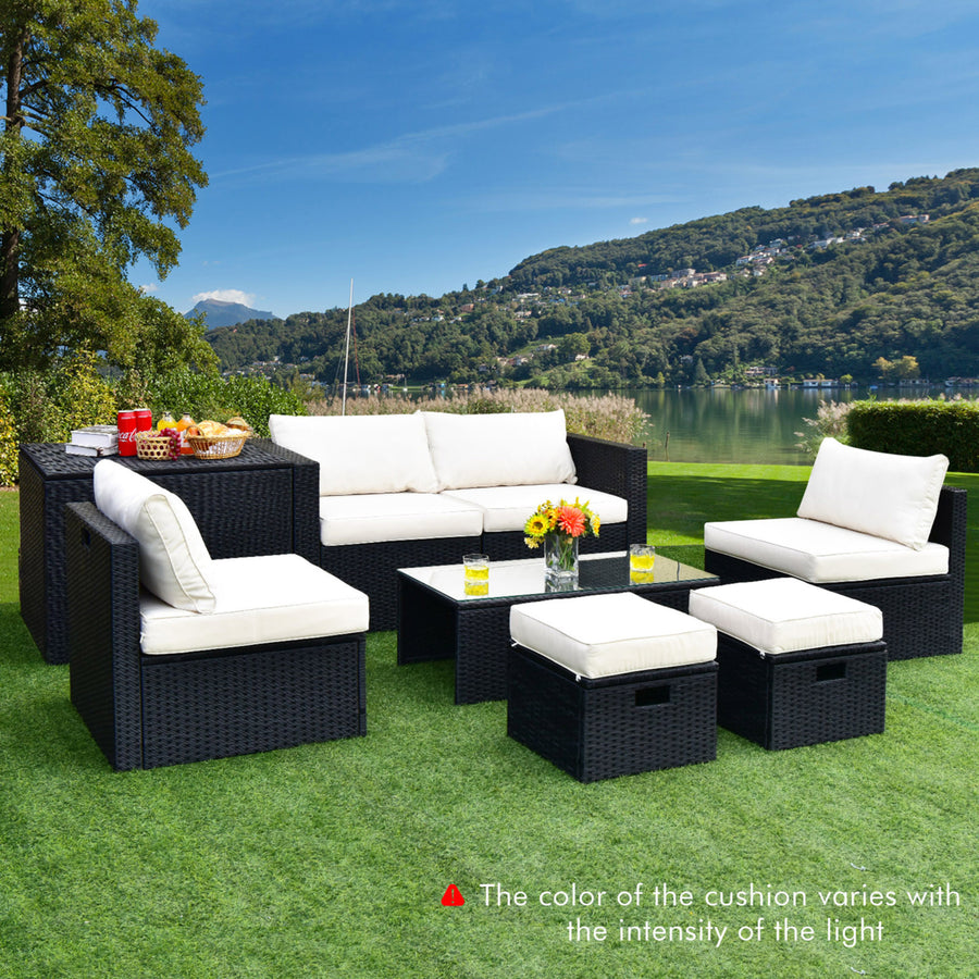 8PCS Rattan Patio Sectional Furniture Set w/ Waterproof Cover and Off White Cushions Image 1