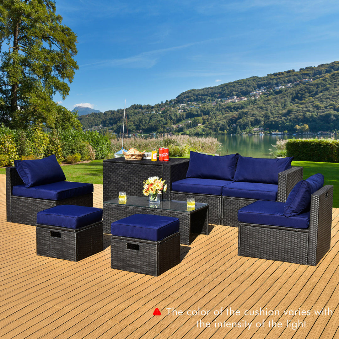 8PCS Rattan Patio Sectional Furniture Set w/ Waterproof Cover and Navy Cushions Image 1