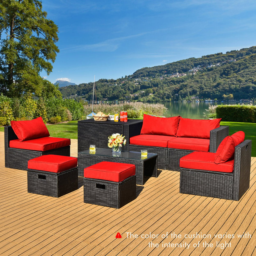 8PCS Rattan Patio Sectional Furniture Set w/ Waterproof Cover and Red Cushions Image 1