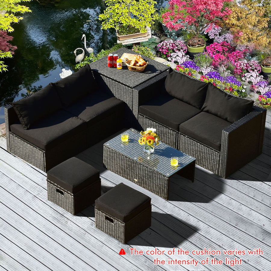 8PCS Rattan Patio Sectional Furniture Set w/ Waterproof Cover and Black Cushions Image 1