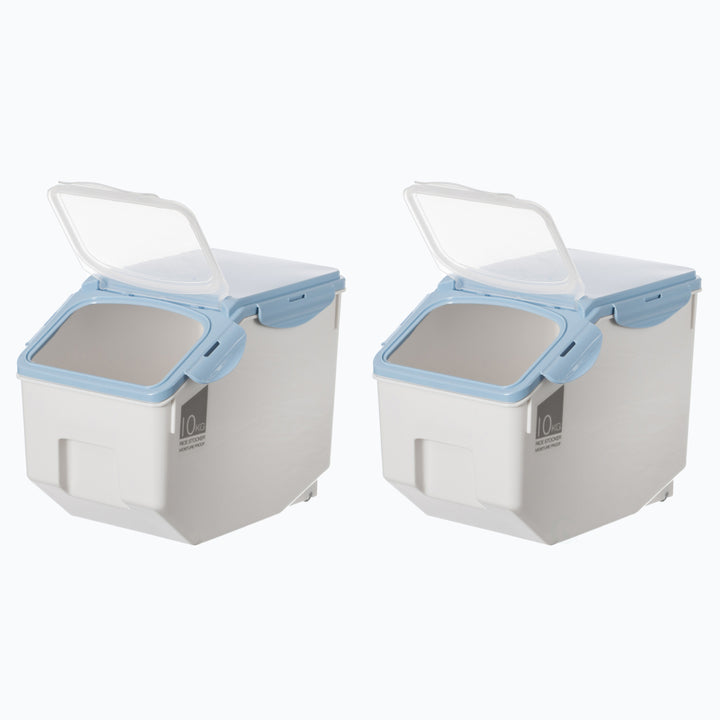 Set of 2 White Plastic Food Storage Containers with Wheels and Measuring Cup Image 1