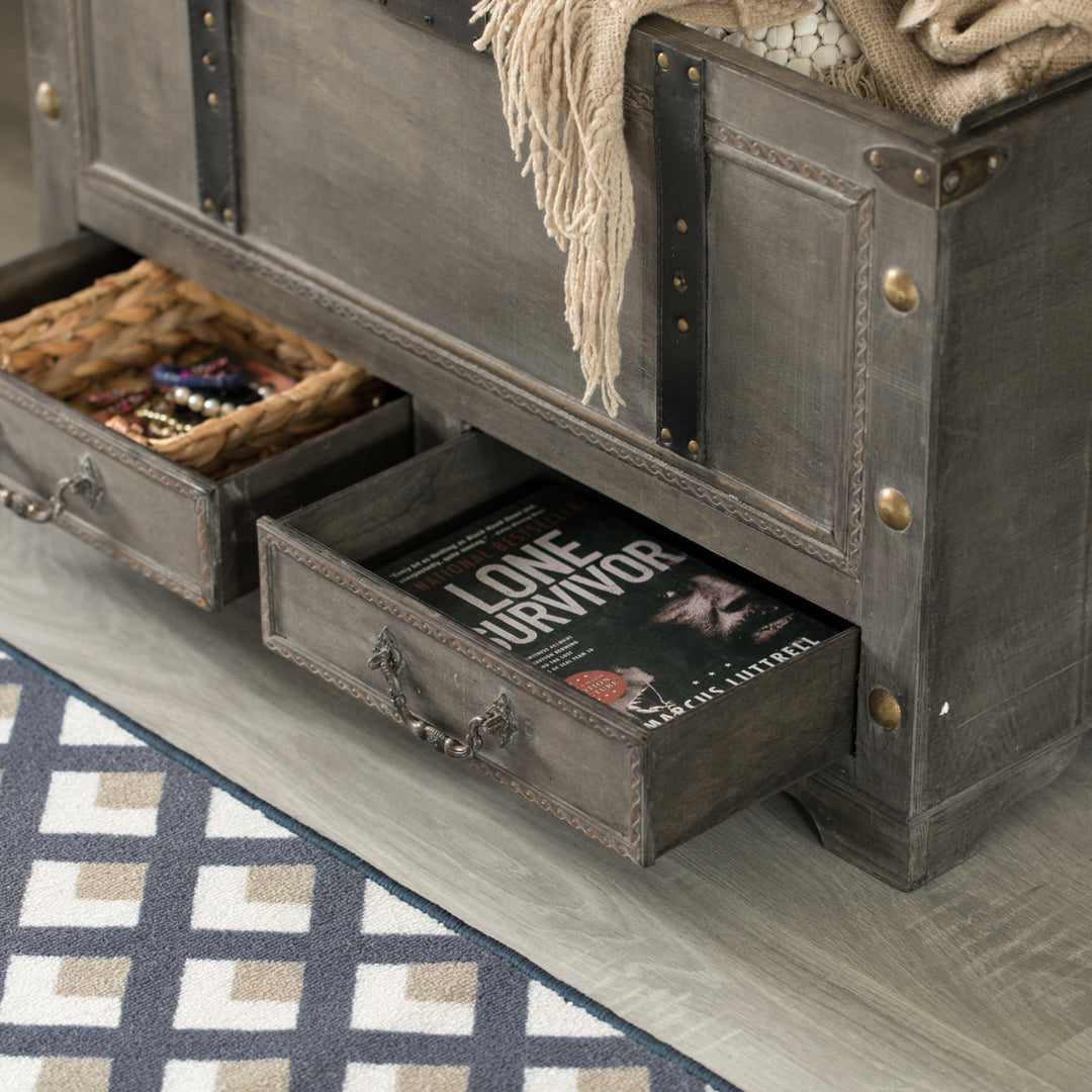 Large Grey Wooden Storage Trunk Chest with Drawer Organizer 29in for Living Room Image 7