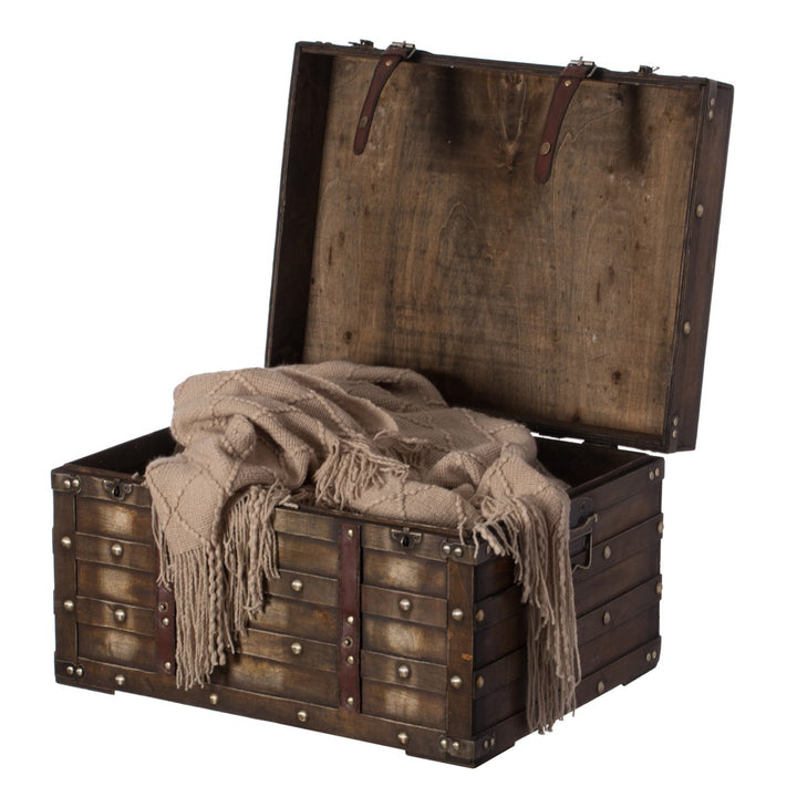 Wooden Brown Storage Trunk with Faux Leather Straps and Handles Image 1