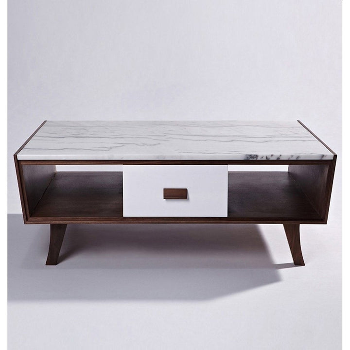 Vera Wood Marble Coffee Table 108cm Unique Design Solid Wood Legs Modern Style Image 2