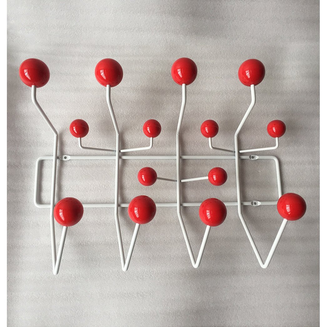 Mid-Century Wall Coat Hanger Red Powder Coated Steel with Wooden Balls 50cm x 36cm Image 1