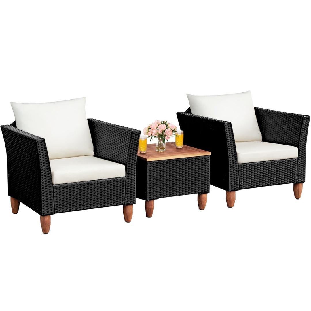 Costway 3 PCS Outdoor Patio Rattan Bistro Furniture Set Wooden Table Top Cushioned Sofa Black Brown Image 1