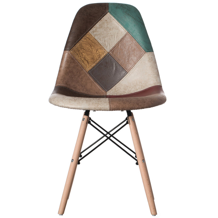 Modern Fabric Patchwork Chair with Leather and Suede Like Tones with Wooden Legs for Kitchen, Dining Room, Entryway, Image 4