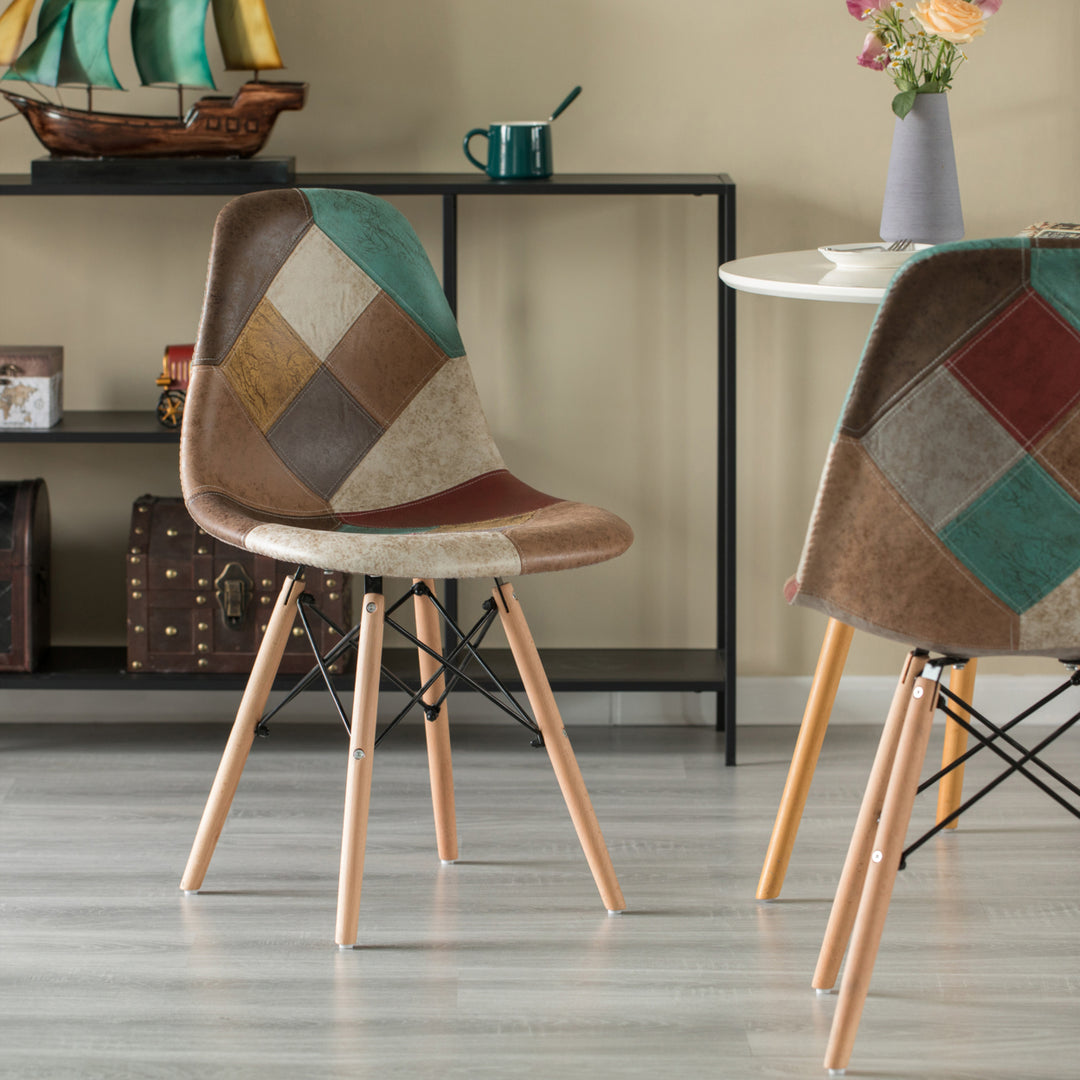 Modern Fabric Patchwork Chair with Leather and Suede Like Tones with Wooden Legs for Kitchen, Dining Room, Entryway, Image 7