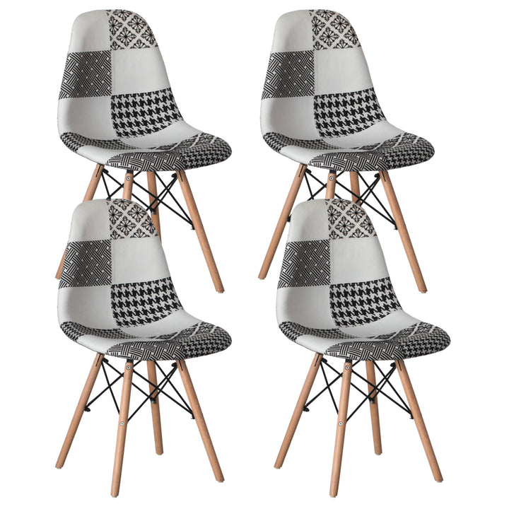 Modern Fabric Patchwork Chair with Wooden Legs Black White Patterns 18x20x32.5 Image 1