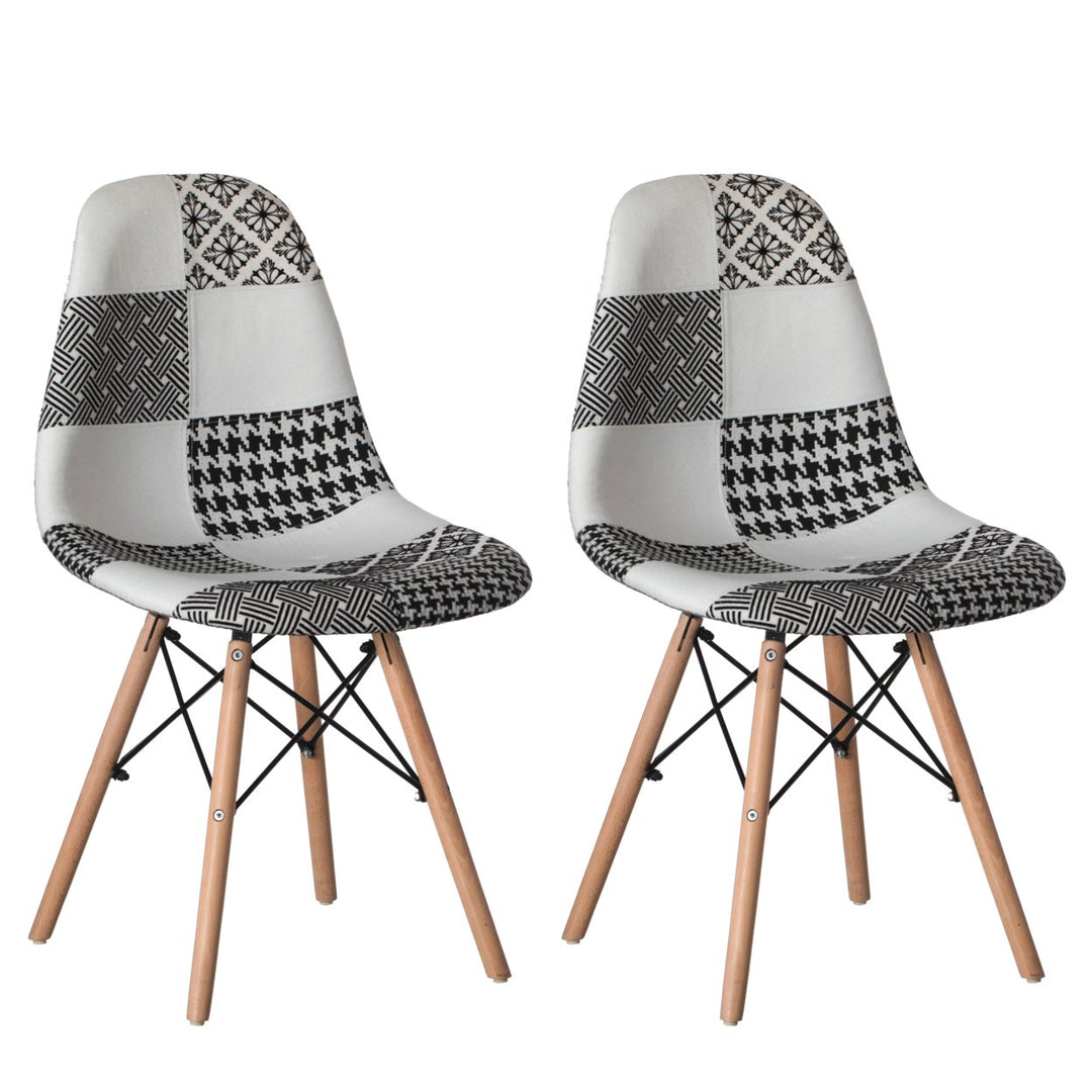 Modern Fabric Patchwork Chair with Wooden Legs Black White Patterns 18x20x32.5 Image 1