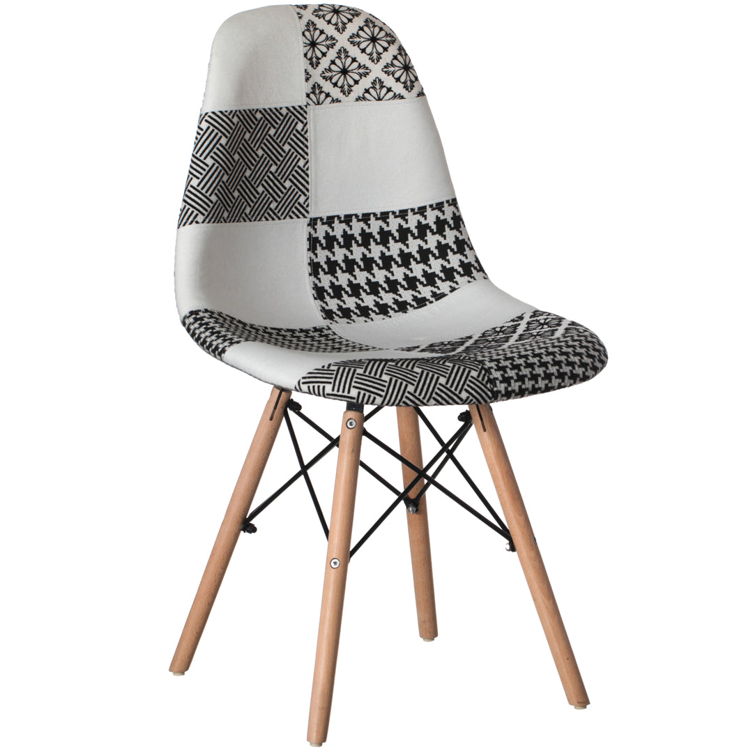 Modern Fabric Patchwork Chair with Wooden Legs for Kitchen, Dining Room, Entryway, Living Room with Black and White Image 3