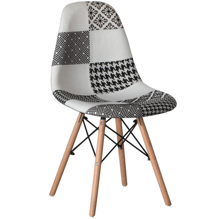 Modern Fabric Patchwork Chair with Wooden Legs Black White Patterns 18x20x32.5 Image 3