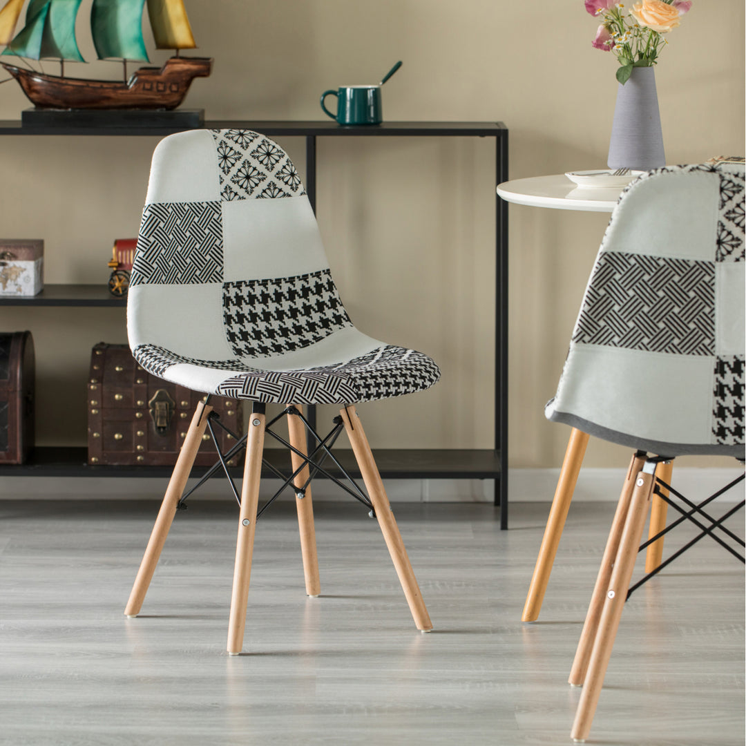 Modern Fabric Patchwork Chair with Wooden Legs for Kitchen, Dining Room, Entryway, Living Room with Black and White Image 7