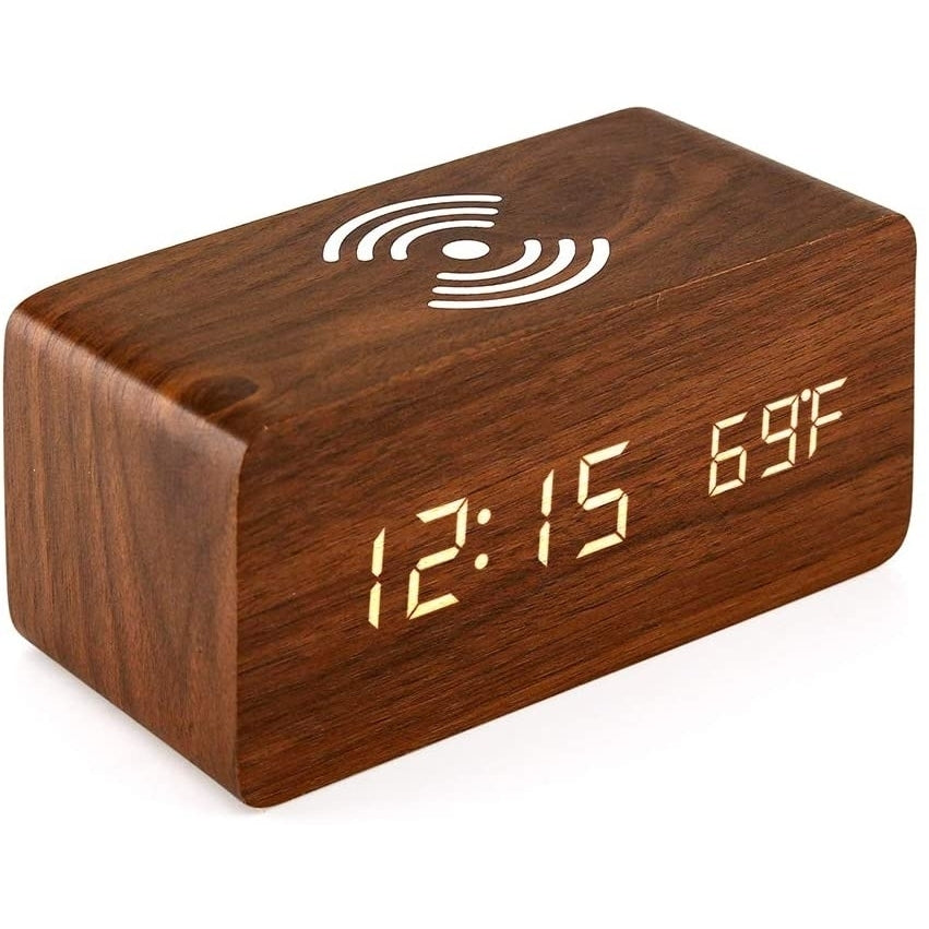 Brown Wood Digital LED Alarm Clock with Wireless Charging, Adjustable Sound and Brightness Image 1