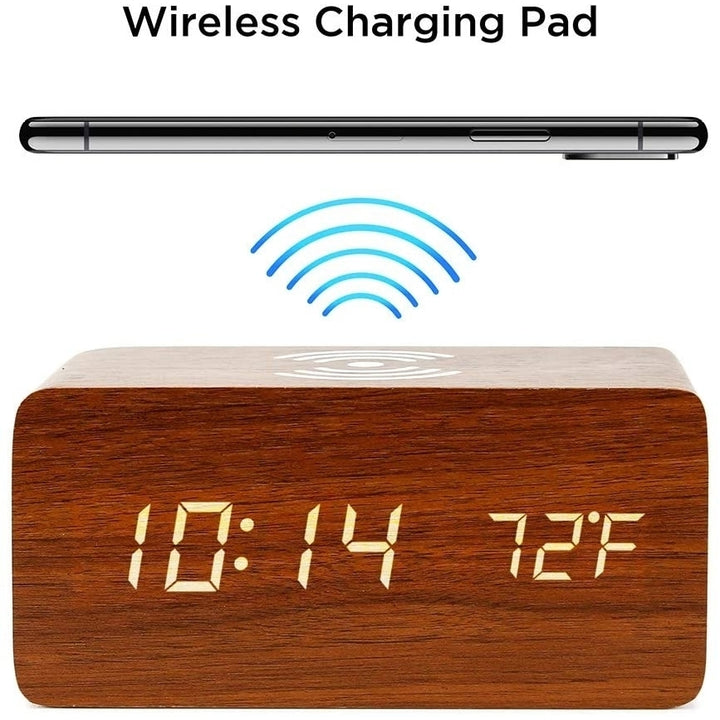 Brown Wood Digital LED Alarm Clock with Wireless Charging, Adjustable Sound and Brightness Image 2